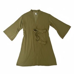 A New Day Sage Green OSFM Wrap, Attached Belt, Slits in Wide Sleeve, Feels Silky